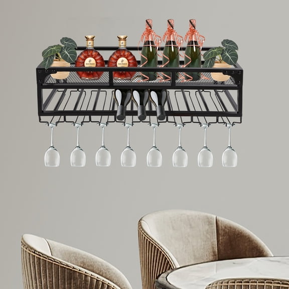 ToppiJoy 2 Tier Wall Mounted Wine Rack , 31in Industrial Metal Wall Wine Shelf & Glass Holder, Wine Bottle Storage Display Rack for Home Bar Dining Room Decor (Black)