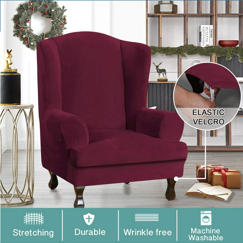 Velvet Wingback Chair Cover, High Stretch Slipcovers, 2-Pieces Stretch Armchair Cover Washable 