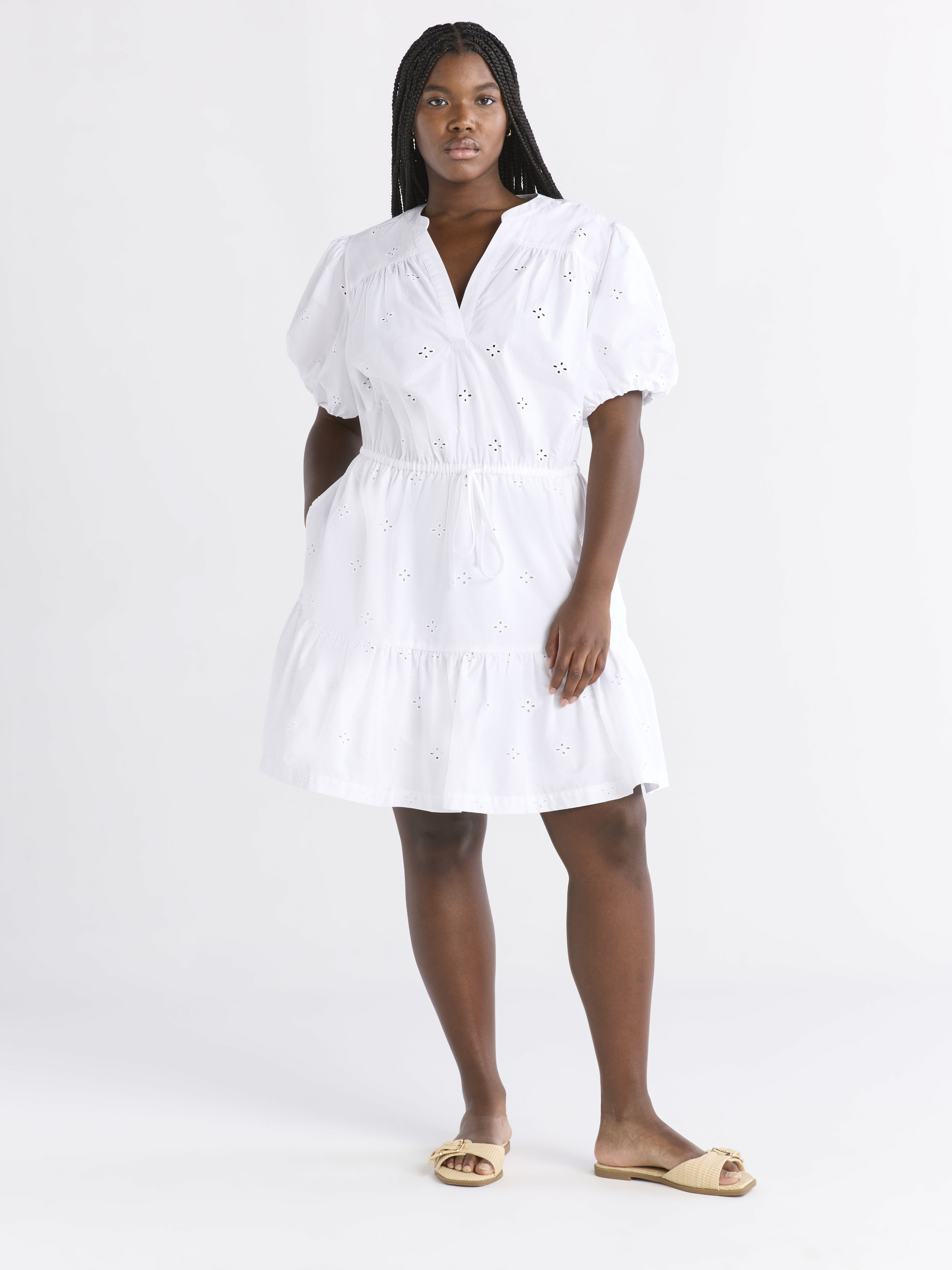 Free Assembly Women's and Women's Plus Cotton Eyelet Tiered Mini Dress with Puff Sleeves, Sizes XS-4X