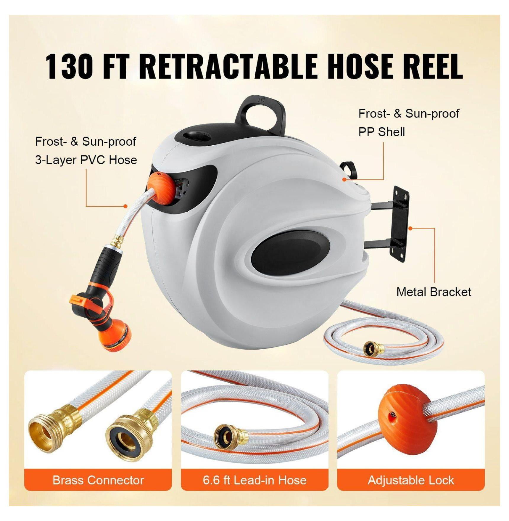 Retractable Hose Reel 130ft x 1/2in, Wall Mounted Garden Hose Reel, Auto Rewind, 180° Swivel, Brass Fittings, 9-Pattern Nozzle