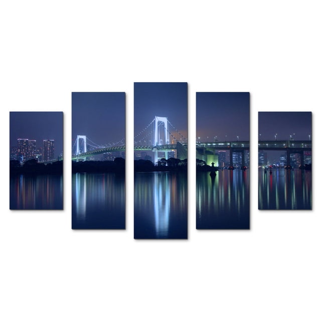 Cuadro Decorativo Tokio Puente Iluminado Vista Nocturna Panorámica 5 Piezas 150x80cm para Sala Oficina Moderna