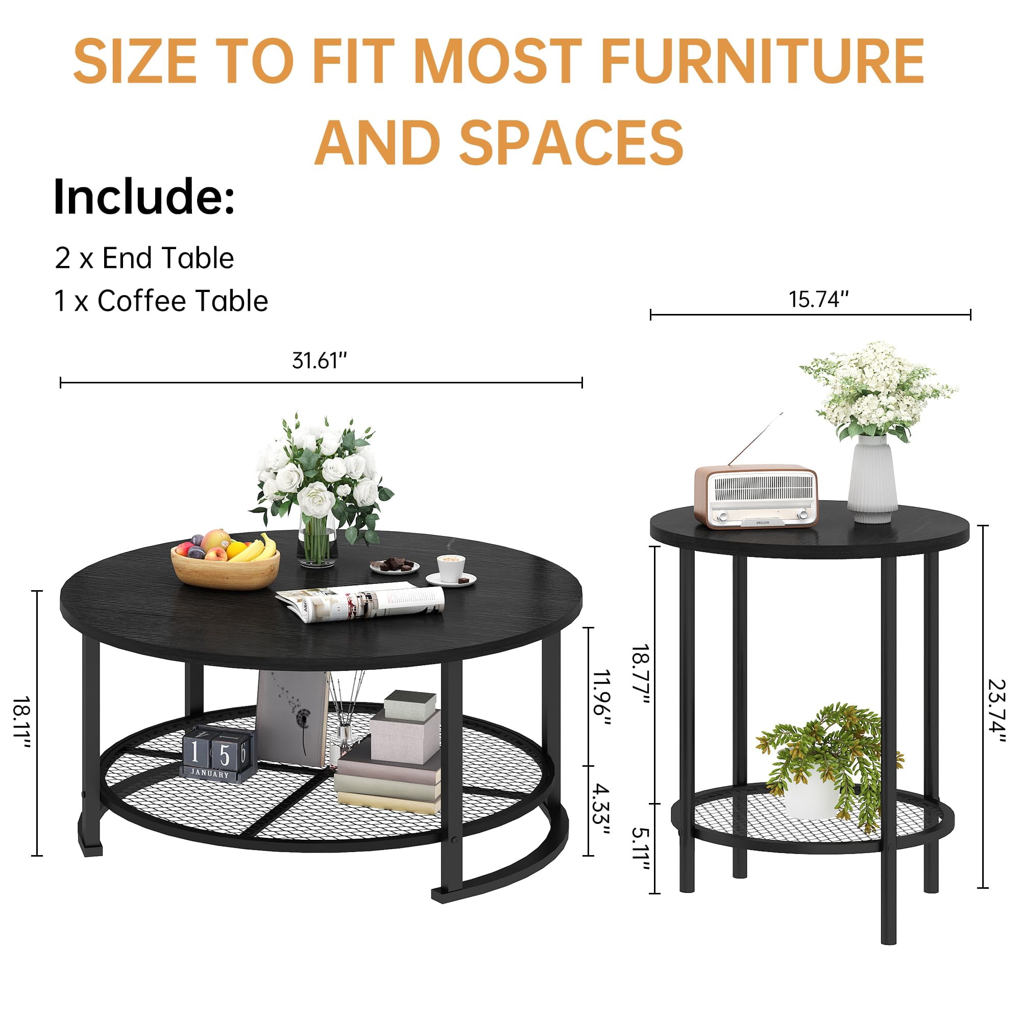 MOOSENG Coffee Table Set of 3, Industrial Vintage Wood Coffee Table with 2 Round End Side Tables, Easy Assembly Living Room Table Set for Offices, Living Rooms and Apartments, Black