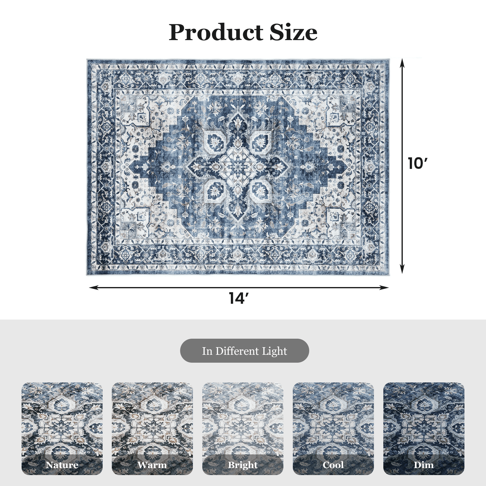 CHITOOMA 10'x14' Area Rugs for Living Room, Machine Washable Rugs Vintage Area Rug for Bedroom Dining Room Dorm Office with Non-Slip Backing, Stain Resistant Non-Shed Carpet