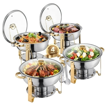 KFFKFF 4 Pack Chafing Dish Buffet Set, 5 Qt Stainless Steel Chafing Dishes with 4 Full-Size Pans, Glass Lid, Water Tray, Foldable Stand and Fuel Holder