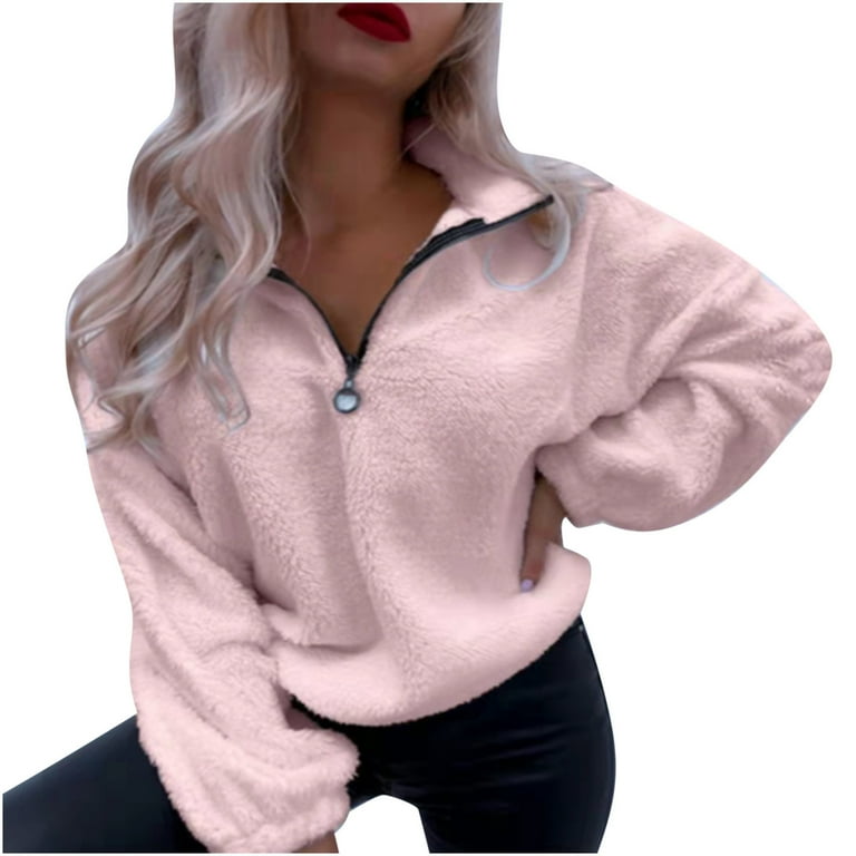 gbyLJF Women s Fuzzy Half Zip Pullover Fall Long Sleeve Sweatshirt Quarter Zip Warm Cozy Sweater Teen Girls Y2K Clothes Pink M Walmart