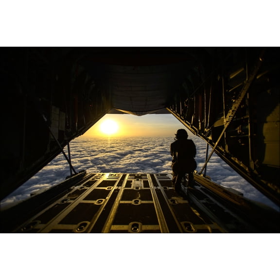 24"x36" Gallery Poster, loadmaster monitors cloud cover for jump, c-130j super hercules