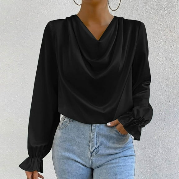 Aobny Long Sleeve Shirts Women Cowl Neck Satin Black Clothes Ruffle Blouse Boho Summer Tops,L