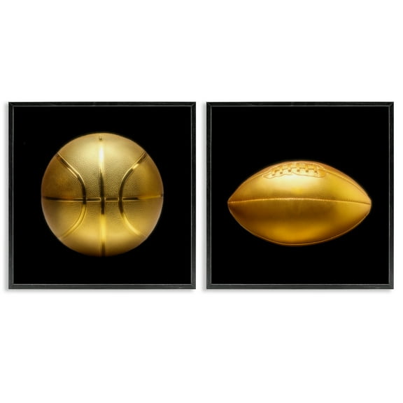 Stupell Industries Golden Designer Sports Balls Sports Painting Black Framed Art Print Wall Art, 12 x 12, Set of 2