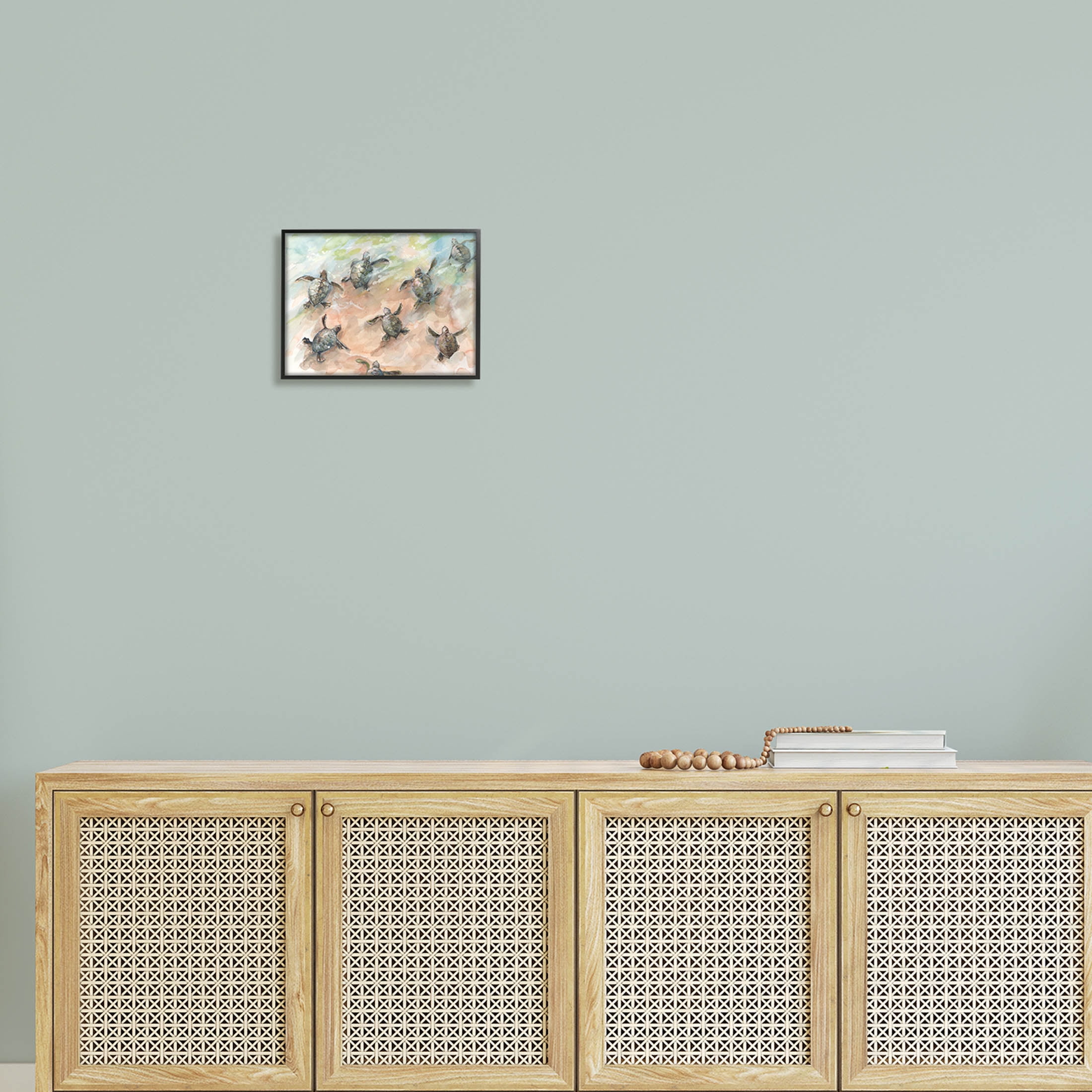 Baby Sea Turtles Swimming Shore Animals & Insects Painting Black Framed Art Print Wall Art