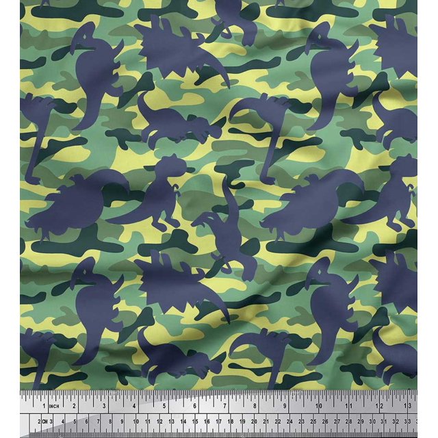 Soimoi Rayon Crepe Fabric Camouflage Texture & Dinosaur Animal Printed Fabric 1 Yard 46 Inch Wide