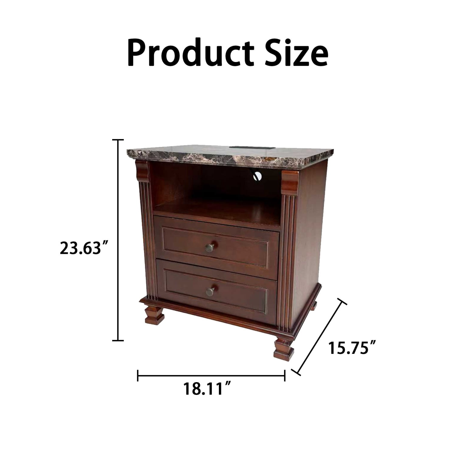Tall Modern Nightstand with Charging Station, Bedside Table with 2 Drawers, Marble Grain Storage End Table with USB Ports and AC Outlets for Bedroom, Living Room, Brown