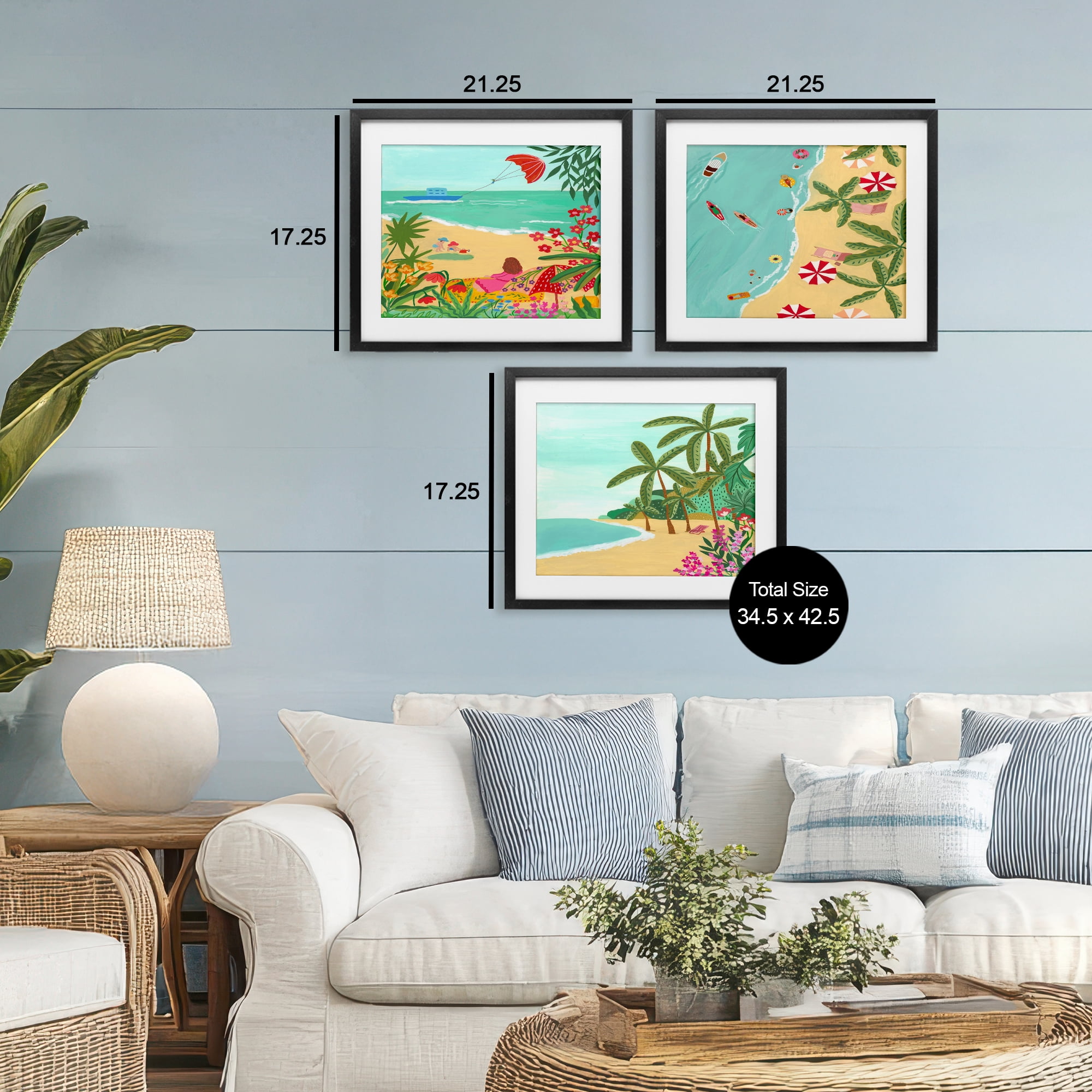 Busy Beach And Flowers 3 Piece Black Framed Print Under Glass Set, design by Nabeela Rumi