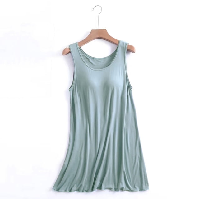Camisón largo con tirantes para mujer, pijama de talla grande, vestido de casa para mujer, vestido de pijama corto con almohadilla para el pecho, estilo fino, camiseta sin mangas integrada, camisón de