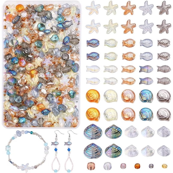 800pcs Glass Fish Beads Ocean Charms Glass Shell Beads Starfish Beads Ocean Themed Crystal Beads for Jewellery Making DIY Crafts Assorted Beads Set for Friendship Bracelet Making