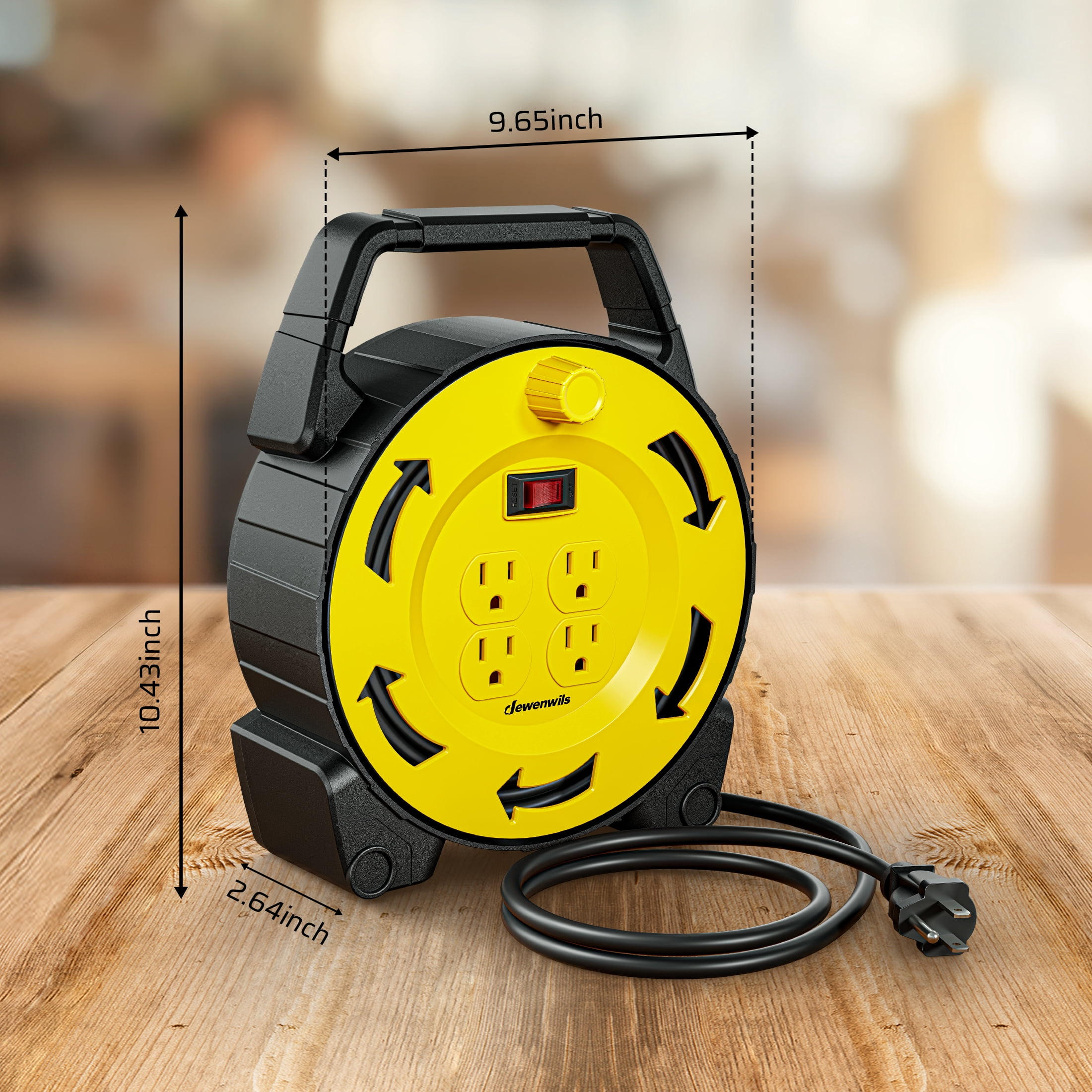 DEWENWILS Extension Cord Reel with 30 FT Power Cord, Hand Wind Retractable, 16/3 AWG SJTW, 4 Grounded Outlets, 13 Amp Circuit Breaker, Yellow Black, UL Listed