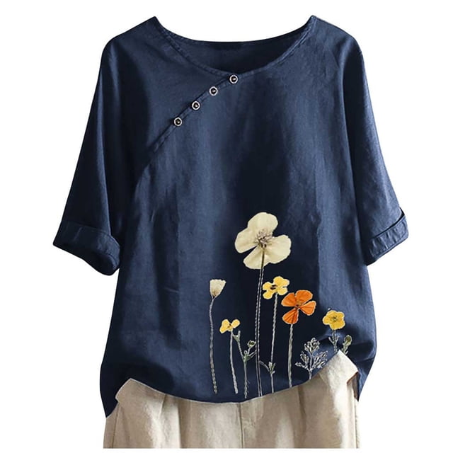 Tiweut Hauts Décontractés pour Femmes Manches Courtes Mi-Longues Col Rond Tunique Imprimé Floral Coupe Ample T-Shirts pour Femme Bleu Foncé