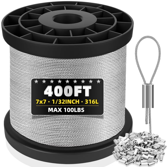 Cable de acero inoxidable 316, cuerda de alambre de 400 pies y 1/32 pulgadas con 100 topes de mangas de aluminio para luces de cadena, tendederos colgantes, alambre enrejado