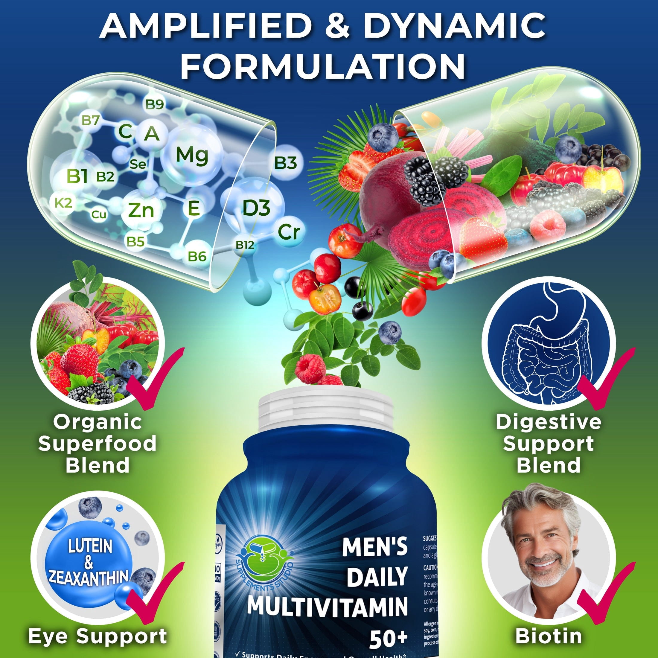 Men's Daily Multivitamin 50 Plus - Vegan Methylated Multivitamin for Men 50 and Over - Saw Palmetto, Biotin, Organic Superfoods, Lutein - Eye, Energy, Gut, Health Support - Easy to Swallow Capsules