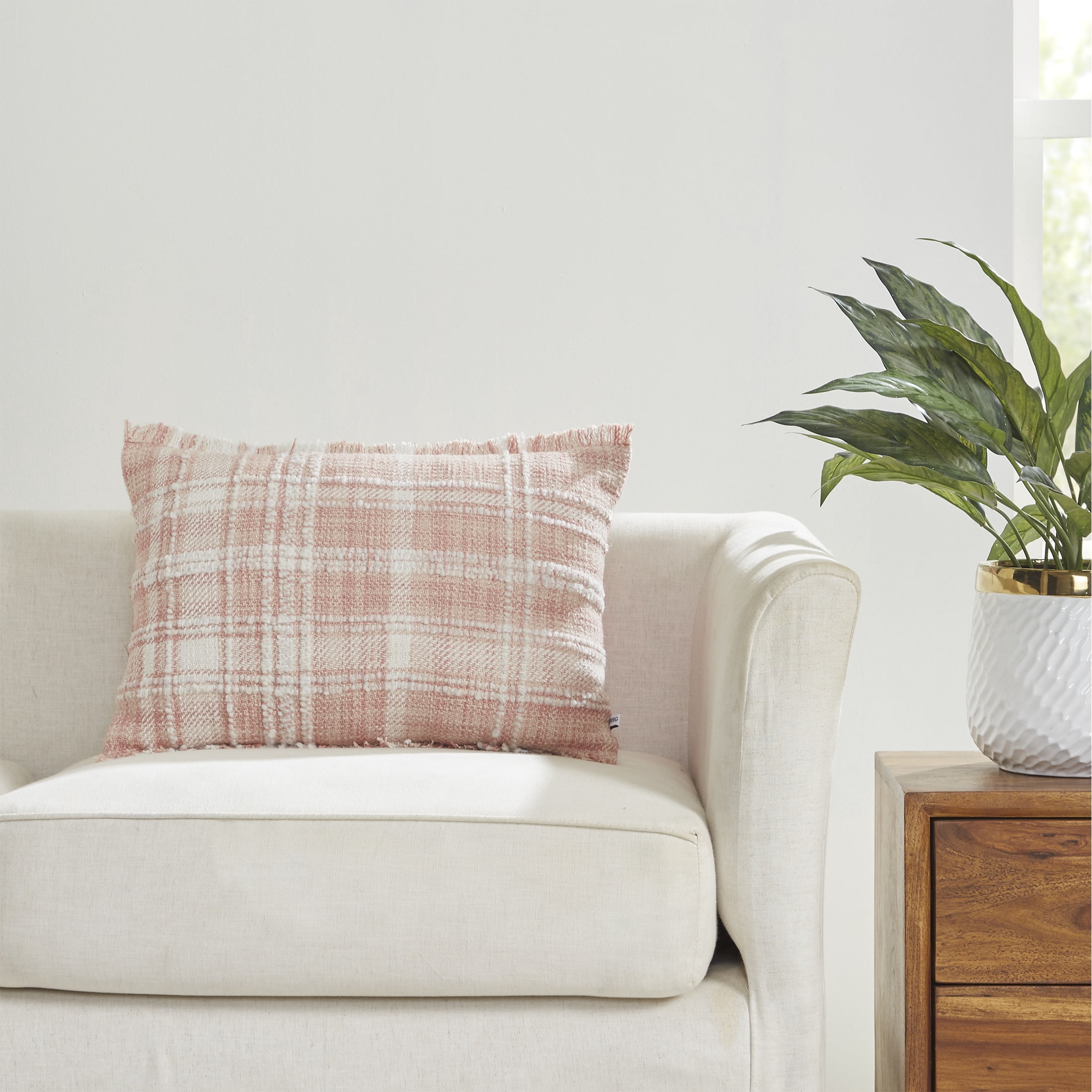 Better Homes & Gardens 14" x 20" Lulu Blush Plaid Cotton Rich Decorative Pillow