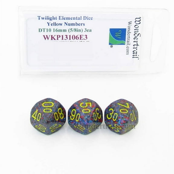 Twilight Elemental Dice with Yellow Numbers 16mm (5/8in) DT10 Pack of 3 Wondertrail