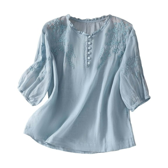 Outfmvch Peasant Tops for Women Loose Fit Blouses V Neck Tops Outfits Womens Linen Tops Cotton Linen Cotton Linen Tops for Women Short Sleeve Gauze Tops Blue L