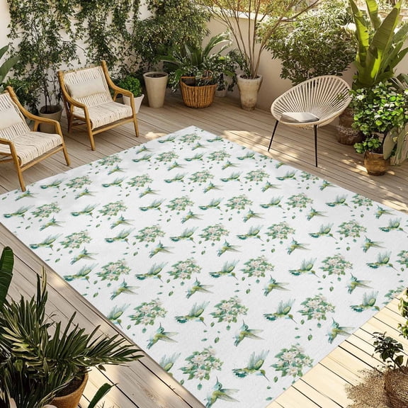 Summer Botanical Outdoor Rug 3x5 Ft - Reversible Patio Rug Outdoor Camping Rugs, Green Spring Floral Birds Watercolor Washable Indoor Outdoor Area Rugs, Non-Slip Outdoor Carpet Runner for Deck/Porch