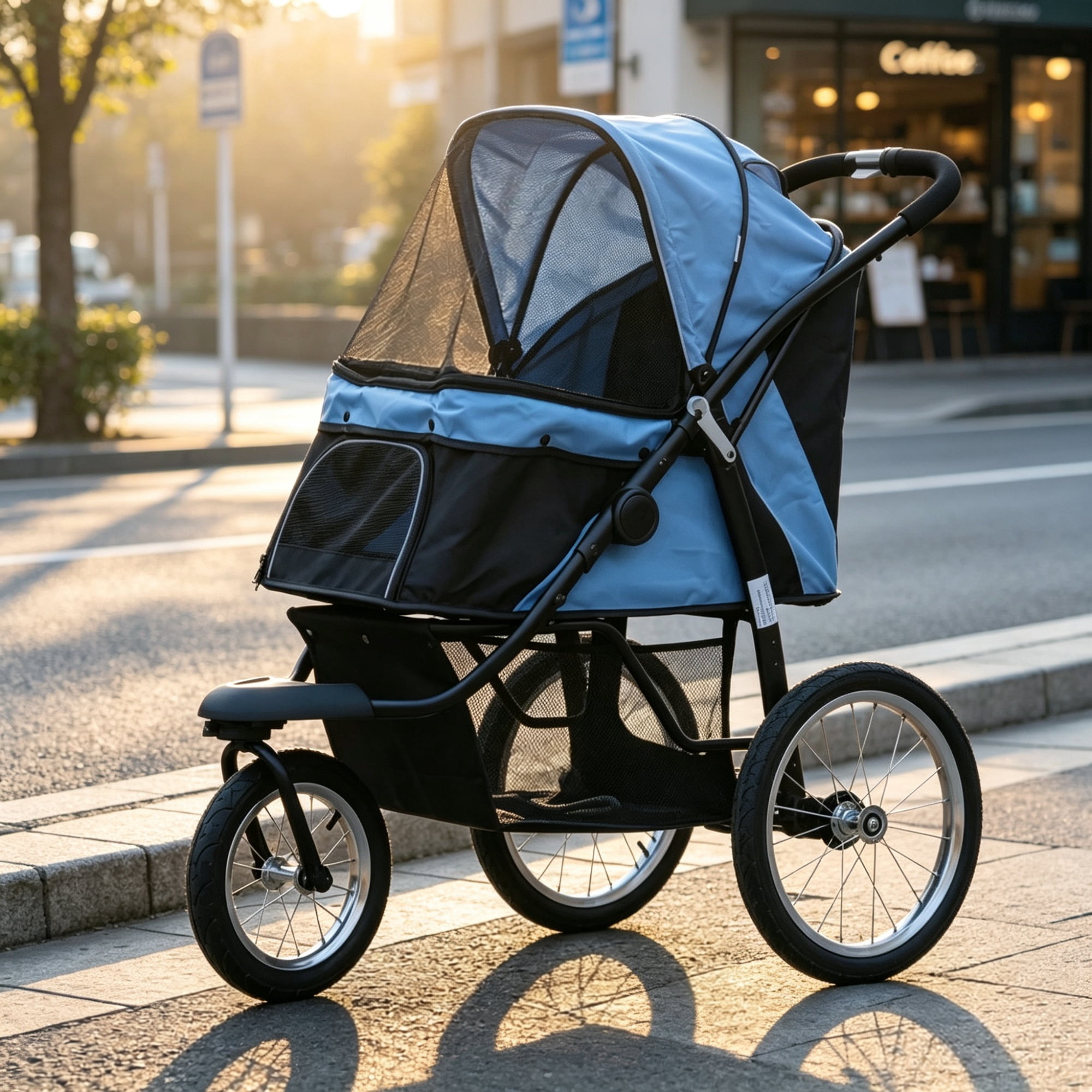 3-Wheel Pet Stroller for Small & Medium Dogs, Adjustable Canopy, Safety Tether, Storage Basket, Blue
