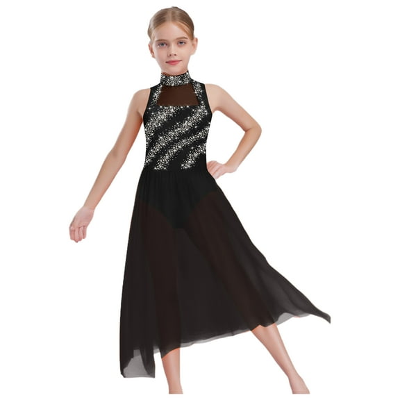 TTAO Kids Girls Sleeveless Lyrical Dance Dress Sparkly Ballet Skirted Leotard Modern Contemporary Dance Dress Black 6