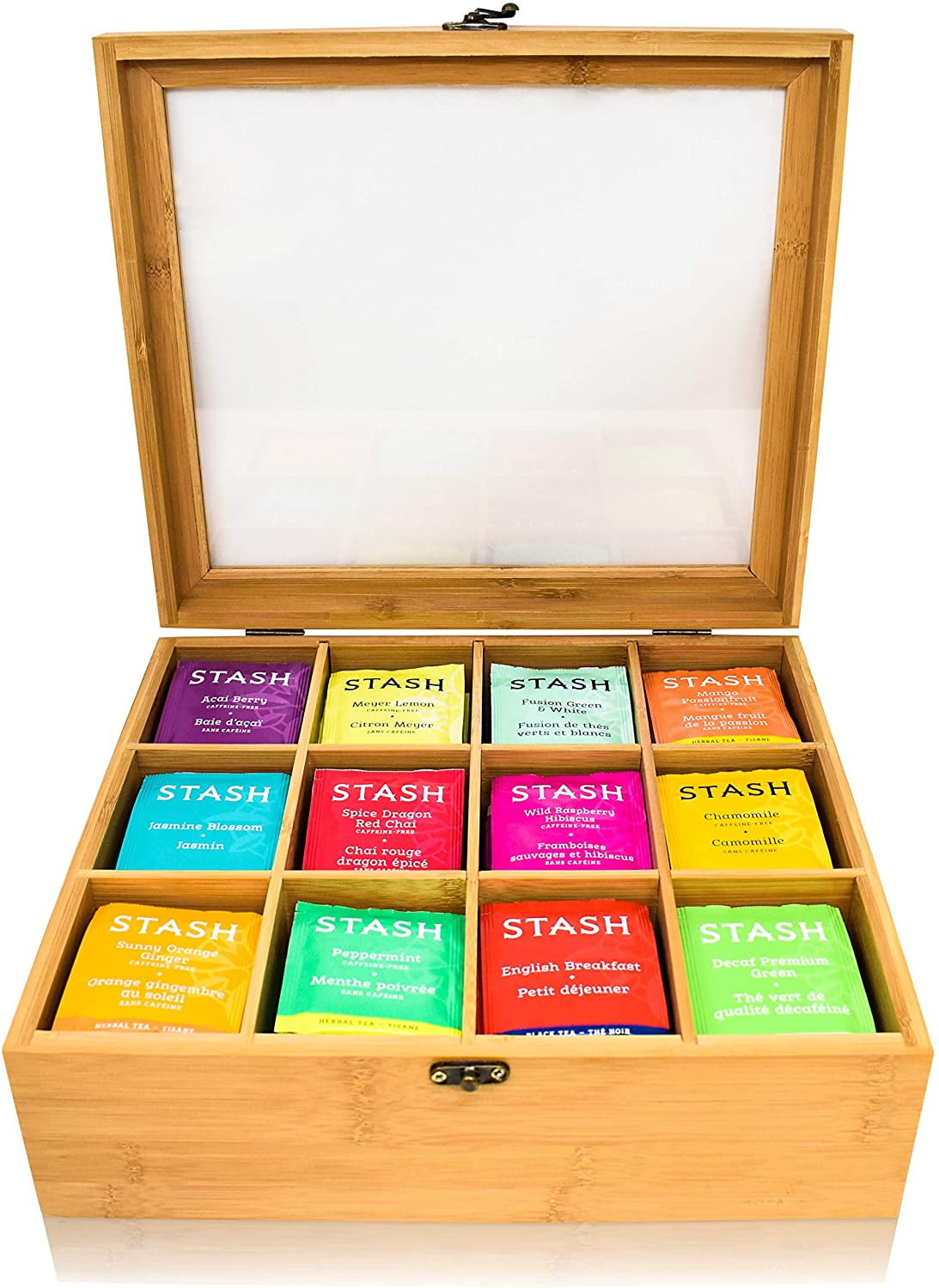 Creamers Tea Sugar Packets Bamboo Tea Box Organizer with Drawer Natural Wood Tea Bag Holder Chest with 8 Storage Compartments for Coffee Sweeteners Drink Pods Packets