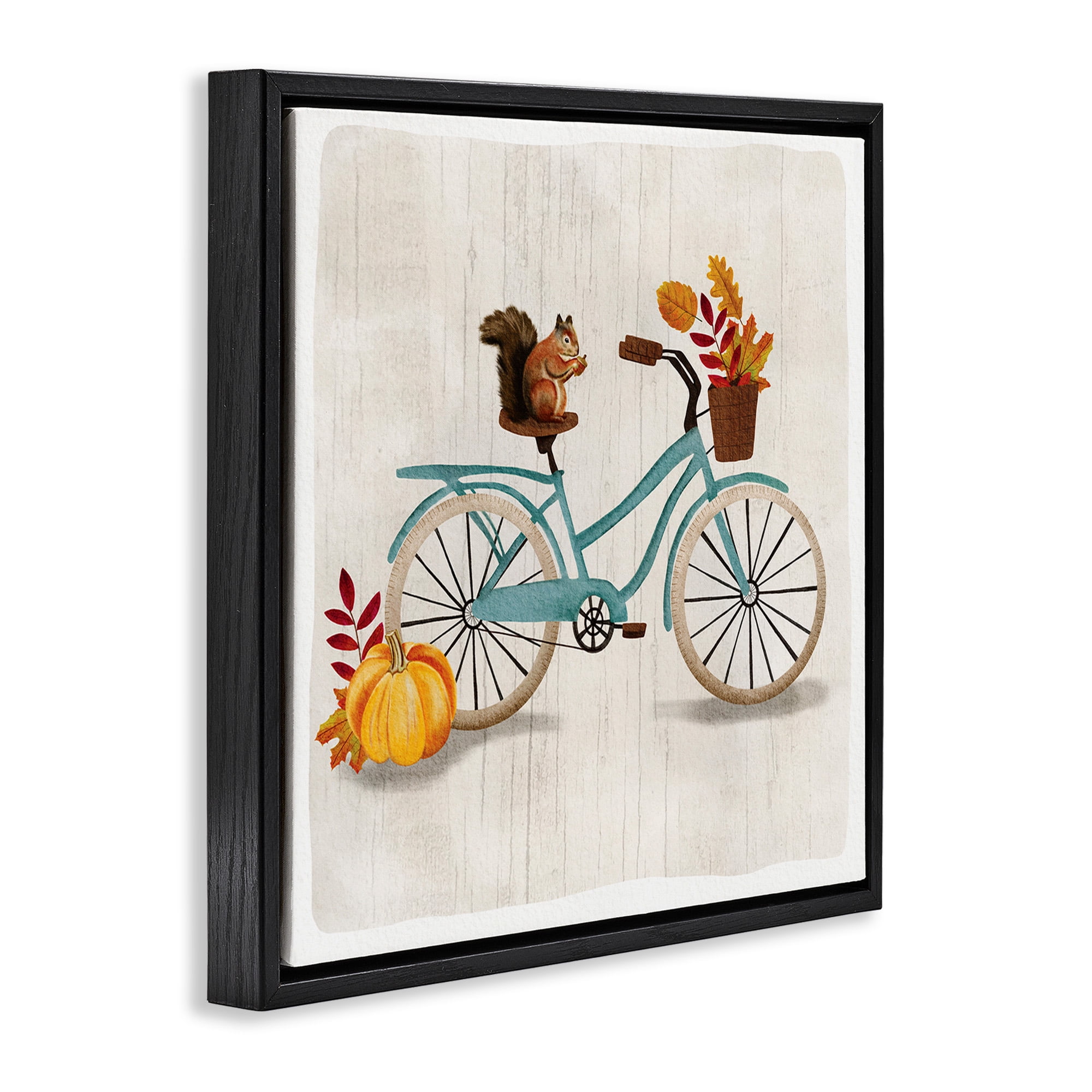 Stupell Industries Squirrel on Autumnal Bicycle Animals & Insects Painting Black Floater Framed Canvas Art Print Wall Art, 18 x 18