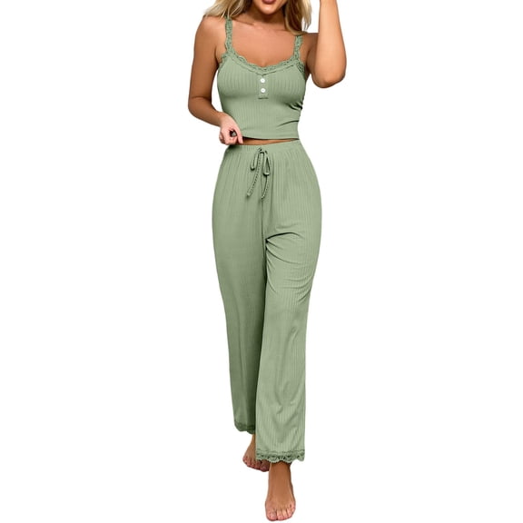 Women's Slim-Fitting Lace-Trimmed Camisole & Long Pants Set - Casual Breathable Loungewear, Comfort Sleepwear For St Patrick's Day Nightgown,Size:XL