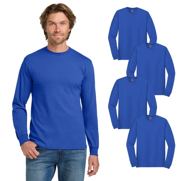 Gildan Heavy Cotton Long Sleeve Shirt, Casual Crewneck Tee, Royal Bulk Tee, Pack of 4, S
