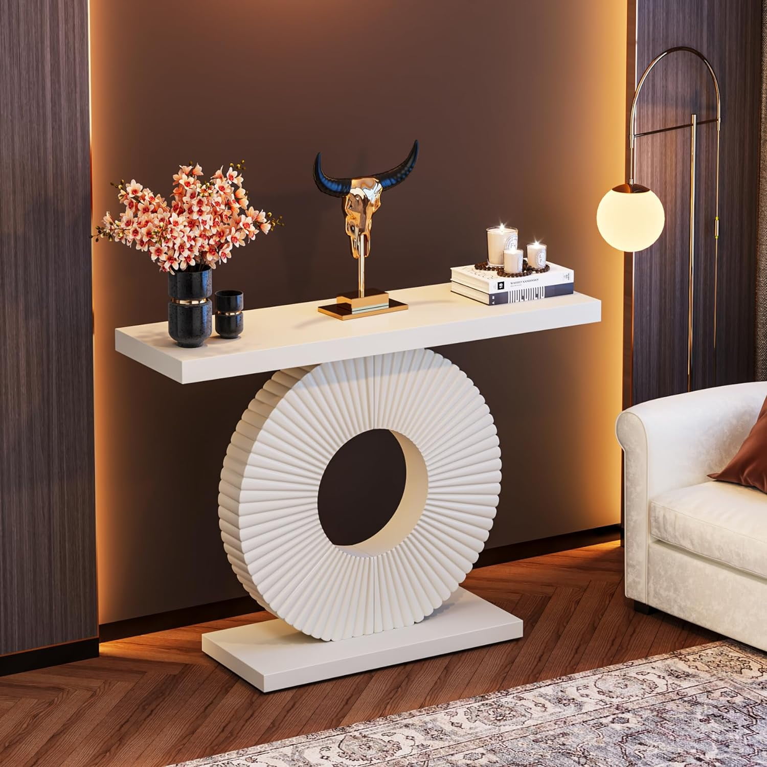 Modern Console Table with Geometric Base, 40 inch Wood Entryway Table Sofa Table，White