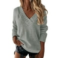 thumbnail image 2 of FAOWME Women Knitted Sweater Long Sleeve V Neck Solid Color Casual Loose Fashion Warm Pullover For Daily Wear Grey S, 2 of 5