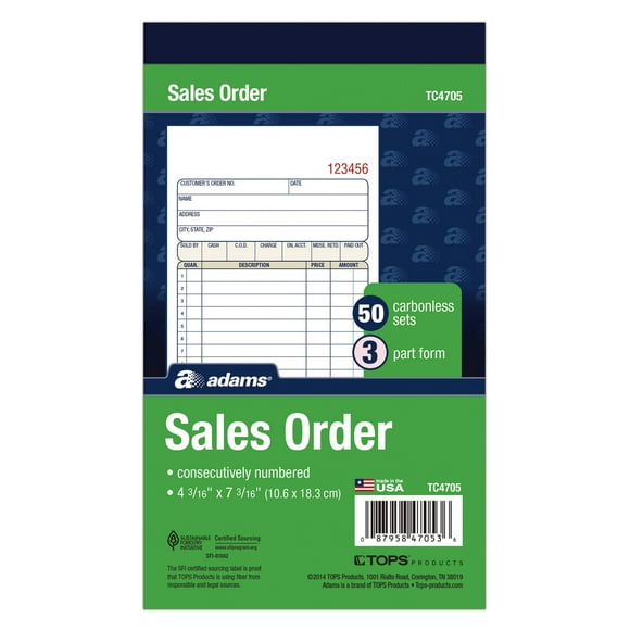Adams Sales Order Book, 3-Part, Carbonless, 4-3/16" X 7-3/16" Inch, 50 Sets, White, Canary and Pink (TC4705)