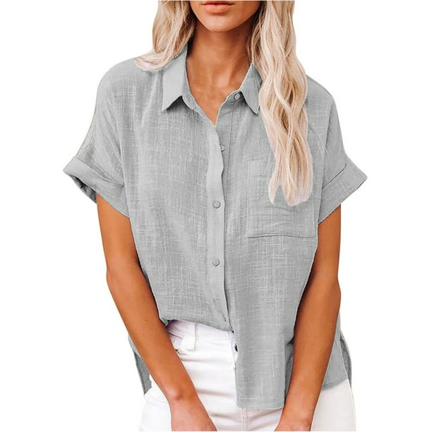 Summer Womens Button Down V Neck Shirts Cotton and Linen Short Sleeve ...