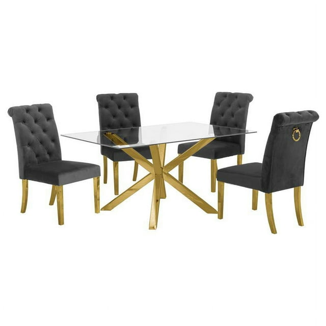 63 "x 39" Rectangulaire Verre Clair 5pc Ensemble de Salle à Manger en Acier Inoxydable Doré