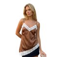 thumbnail image 1 of Camiseta sin mangas de tirantes finos con tirantes finos, elegante, de corte asimétrico y encaje, estilo camisola de satén para mujer., 1 of 9