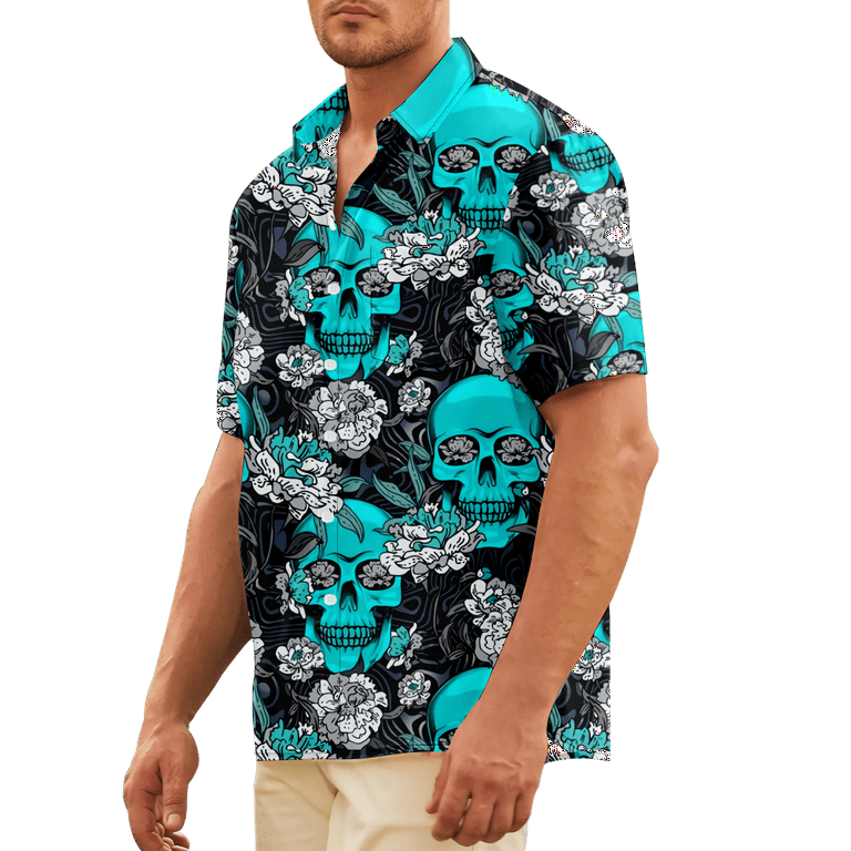 KONEW Boys Simple Skull Hawaiian Shirts Short Sleeve Novelty Beach Aloha  Hawaii Shirts with Pocket Clothes ,Size 100-170/XXS-8XL