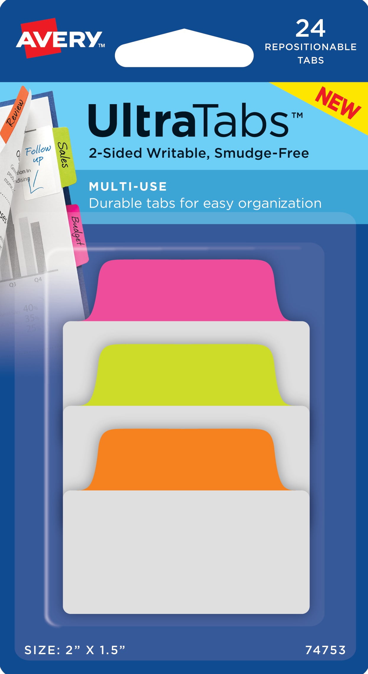 Avery Ultra Tabs, Multi-use Style, 2" x 1.5", Assorted Neon Colors, 24 Tabs (44753)