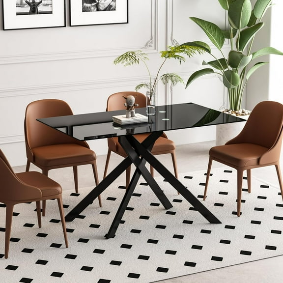 51" Black Glass Dining Table for 4 to 6 People, Modern Tempered Glass Dinner Table, Rectangular Glass Dining Table Kitchen Table with Black Metal Legs for Dining Room Apartment Living Room