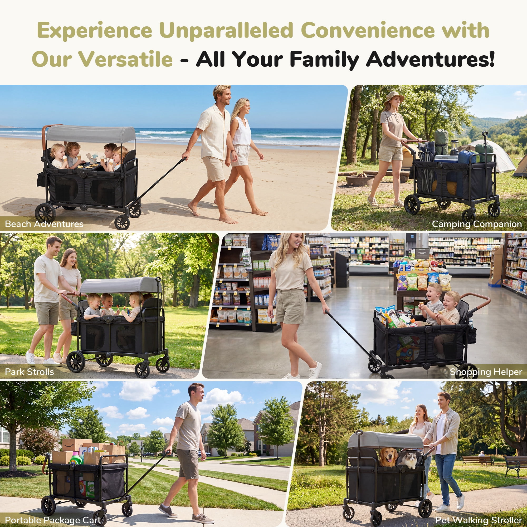 Neche Collapsible Wagon Stroller 4 Seater with 5-Point Harnesses, Canopy, Storage Bag, Adjustable Handlebar, 2 Cup Holders, Grey