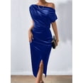 thumbnail image 5 of Women'S Off the Shoulder Asymmetrical Velvet Midi Dress Short Sleeve Ruched Elegant Party Dresses Blue S, 5 of 8