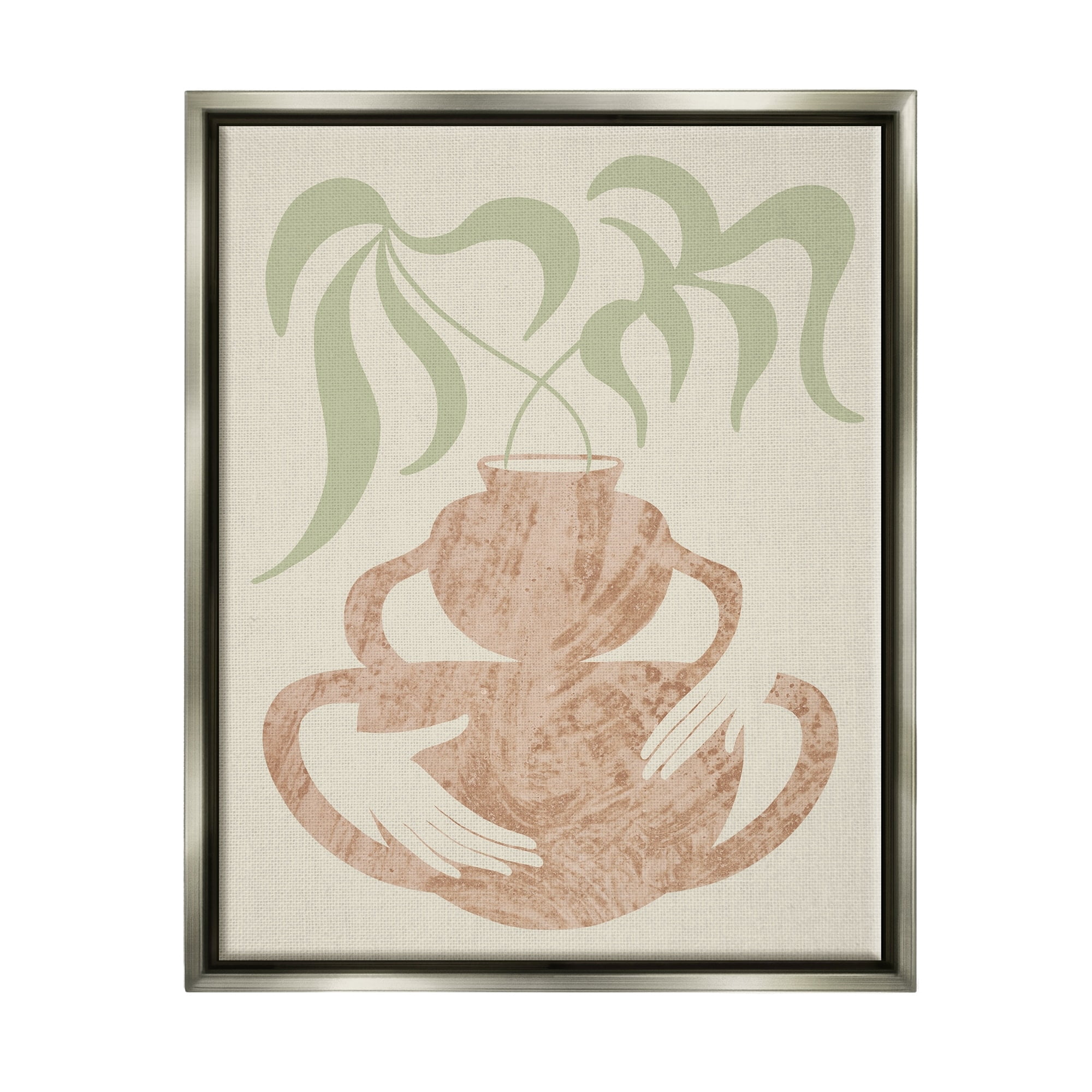 Stupell Industries Botanical Leaves Hands Flower Pot Handles Collage Luster Gray Framed Floating Canvas Wall Art, 24x30, by Lil' Rue