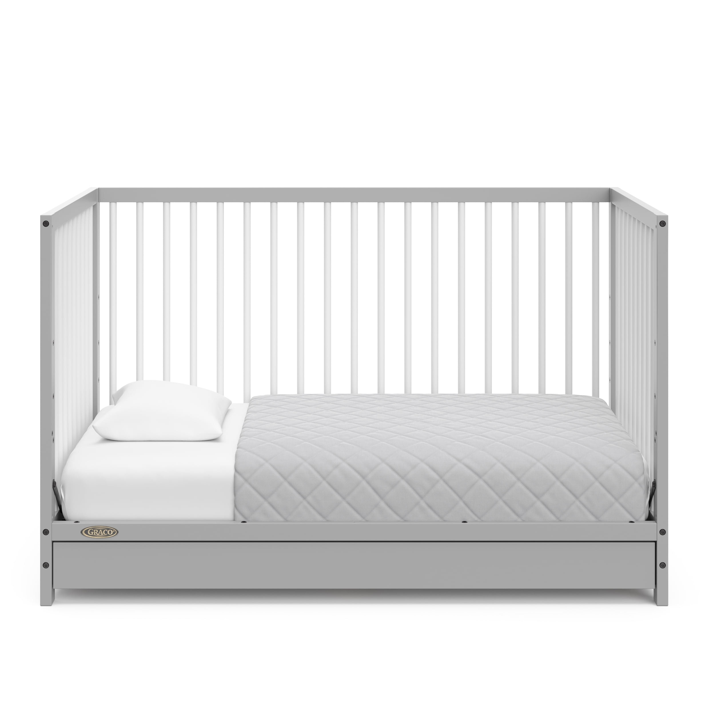 Graco Teddi 5-in-1 Convertible Crib with Drawer and Premium Crib & Toddler Mattress Bundle, Pebble Gray with White