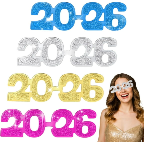 4-Pack 2026 New Year Glitter Party Glasses - Plastic Photo Booth Props, 2026 Theme Decorations (Assorted Colors)