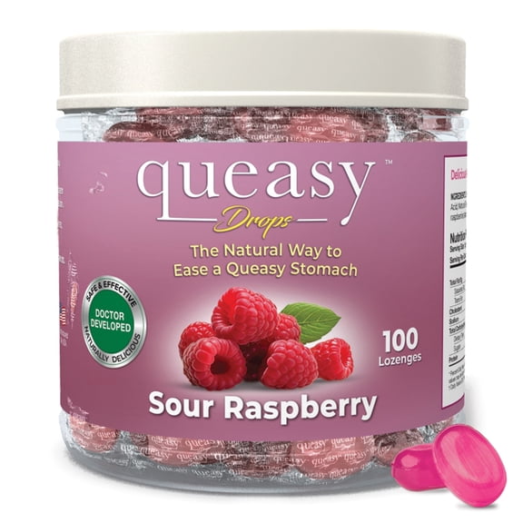 Three Lollies Queasy Drops Sugar Free - Natural Sour Raspberry Flavor - Ease Chemotherapy Nausea & Travel Sickness - Alleviates a Dry Mouth - Natural Ingredients - 100 ct