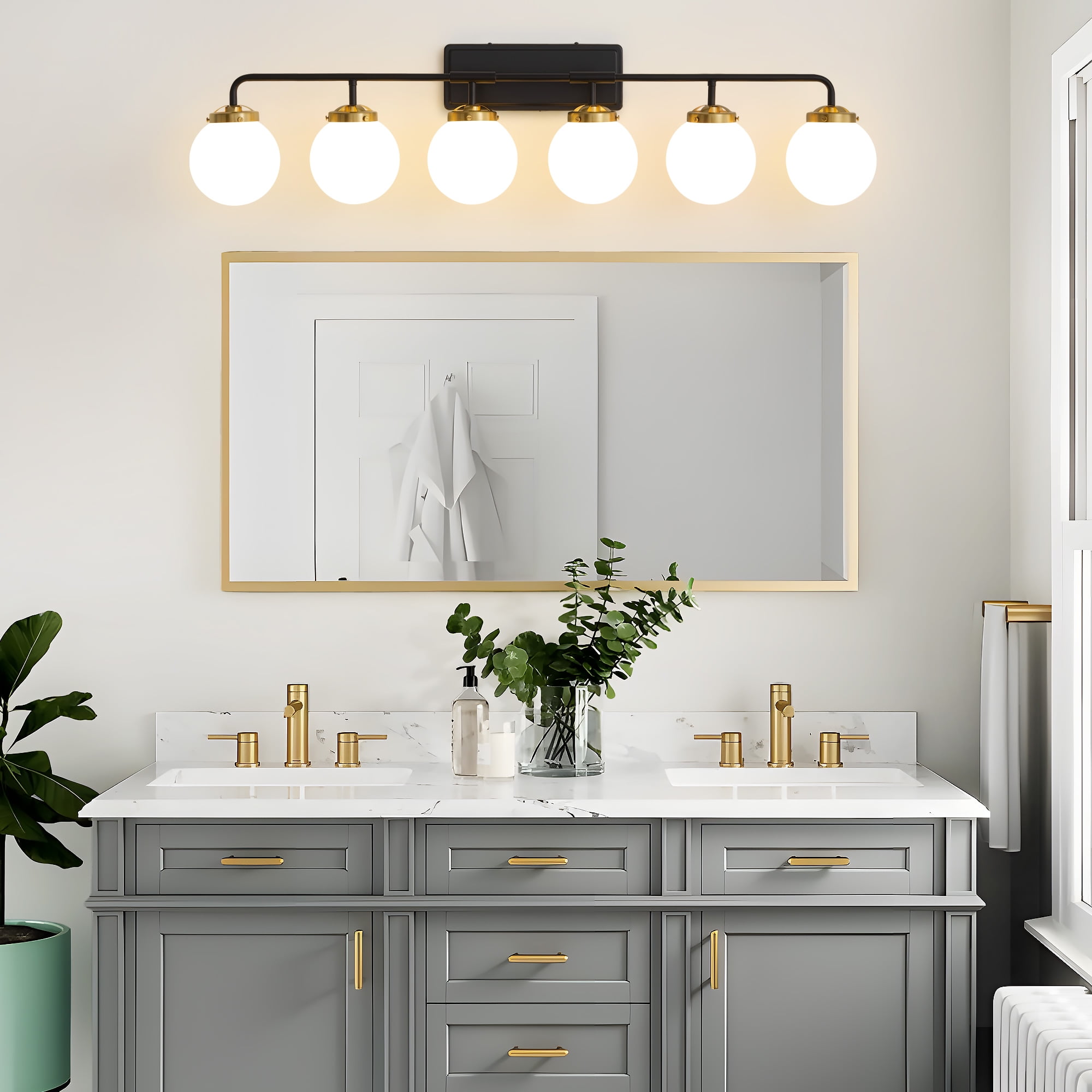 Deyidn 6-Light Modern Vanity Light, Black and Gold Bathroom Light Fixture with Milk White Glass Globes, 45 Inch Bathroom Wall Sconce for Mirror