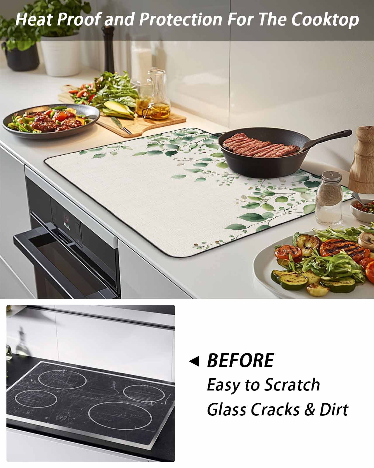 Stove Top Covers for Electric Stove, Eucalyptus Leaf Glass Stovetop Cover Protector, Watercolor Green Plant Vintage Country Induction Cooktop Protector Oven Mat for Kitchen Countertop 24"x21"