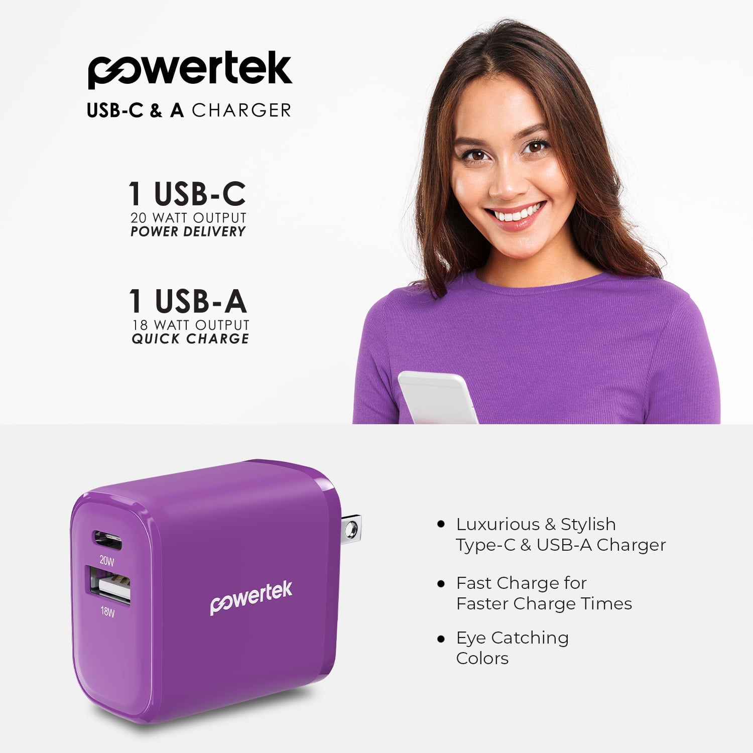 Liquipel Powertek Two Tone 20W Combo Wall Charger - Purple